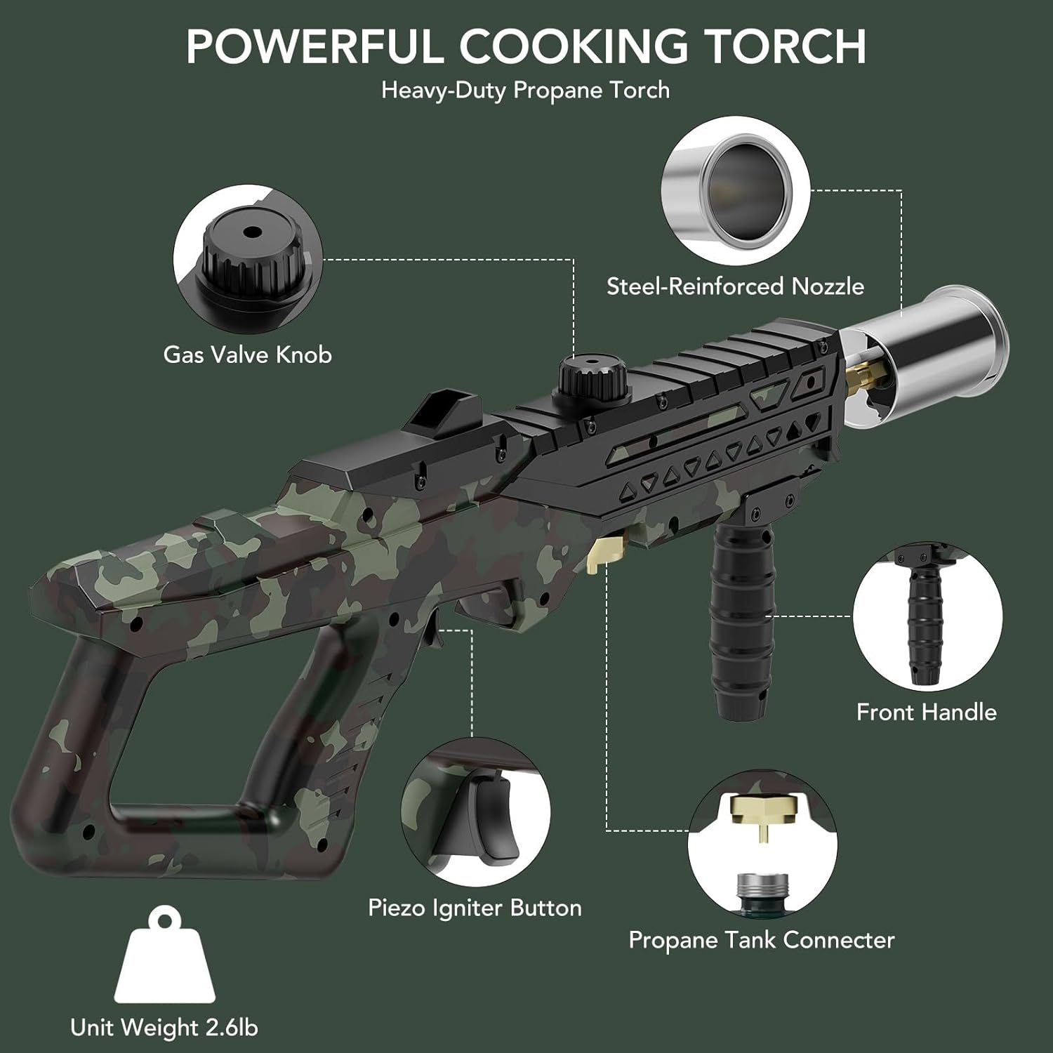High-Power Propane Cooking Torch (with Adjustable Flame Nozzle) — (Includes Two 16-oz Propane Fuel Canisters)