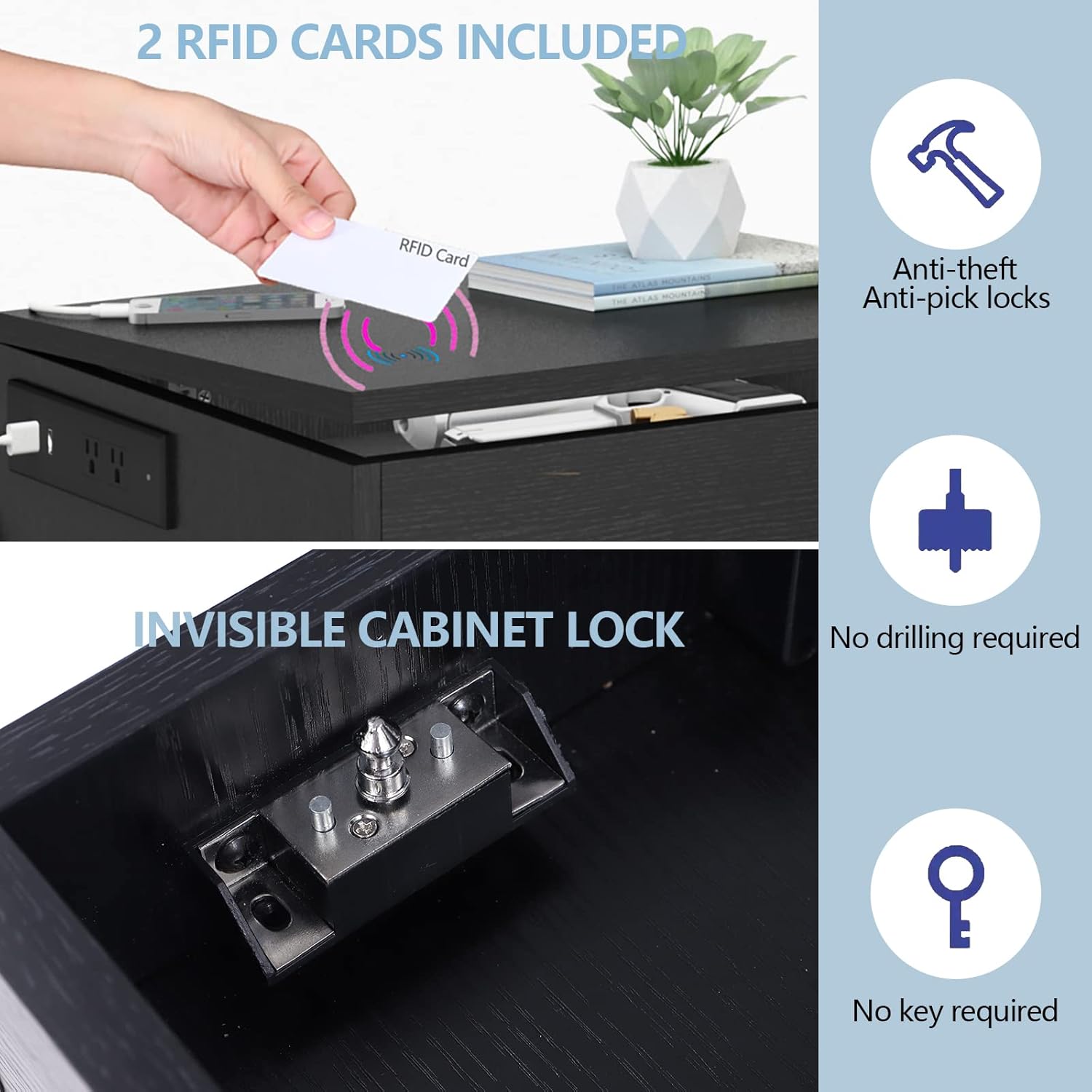 【Price Slash】Auromie Nightstand , Concealment Furniture with RFID Lock Cabinet and Power Outlets, Bedside Table with Hidden Compartment for Valuables Storage