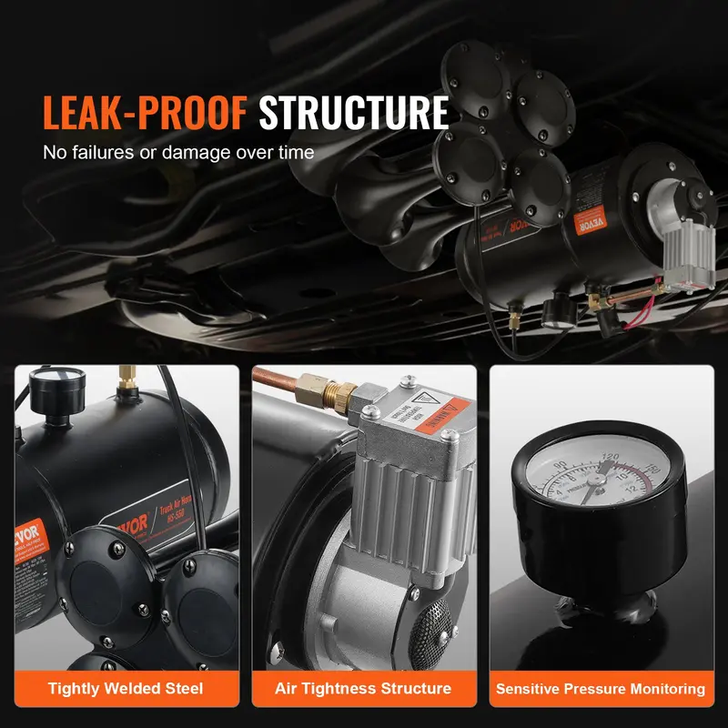 VEVOR Train Air Horn Kit (4 Trumpets, 150dB; for 12V vehicles like pickups, trucks, vans, boats, etc.)