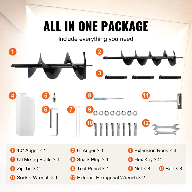 🔥【fathersdaygift】VEVOR Post Hole Digger 52cc 1450W Auger Post Hole diggerGas Powered Earth Digger with Two Earth Auger Drill Bit 6" & 10" and 3 Extension Rodsfor FarmlandGarden and PlantEPA certification