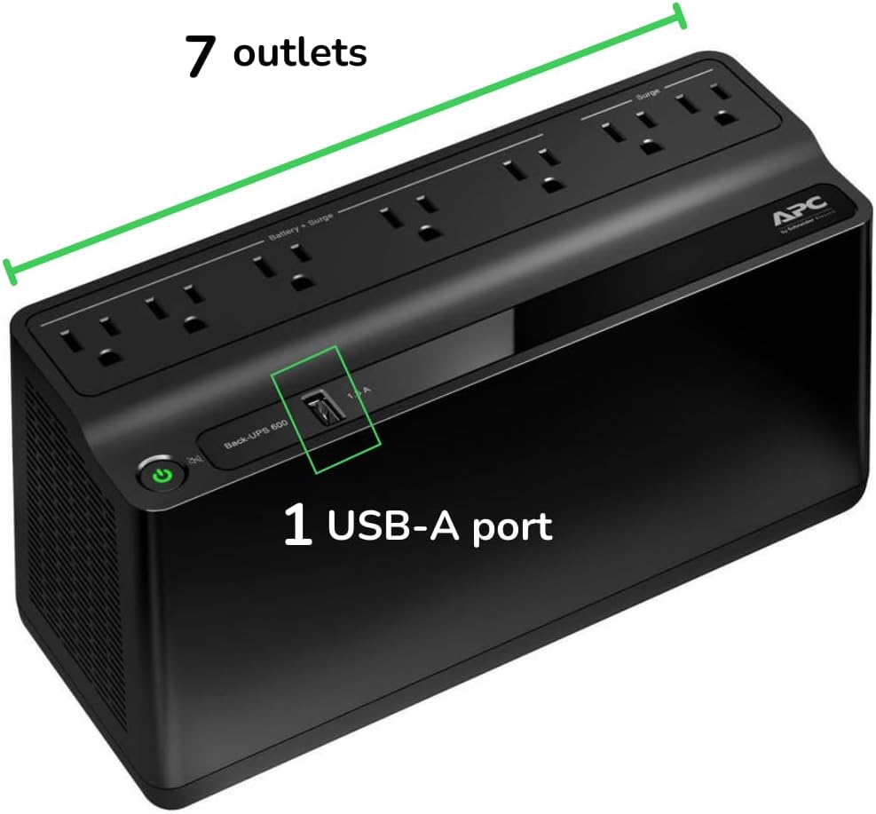 Limited Time Offer: APC 600VA UPS Battery Backup (BE600M1), 330W Uninterruptible Power Supply with 7 Outlets & USB Port, Surge Protector for Computers & Wi-Fi