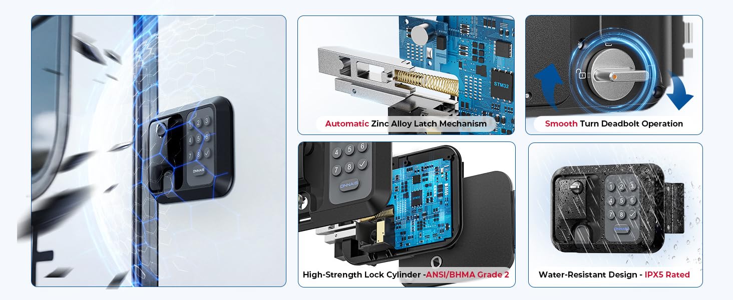 showing its anti-theft, durable, and water-resistant technical features