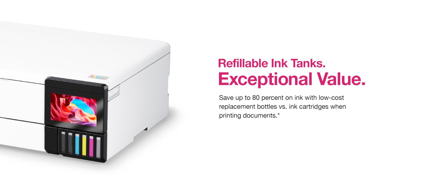 Refillable Ink Tanks. Save up to 80 percent on ink with low-cost replacement bottles vs. cartridges
