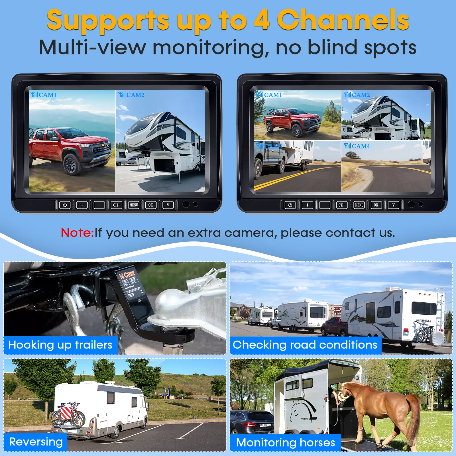 Dual RV Wireless Backup Camera for Trailer,Solar RV Rear View Camera with 7-inch Recording Monitor