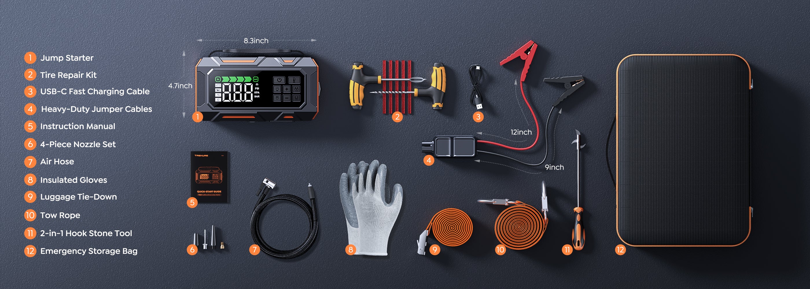Buture Beta09 jump starter with complete accessories: tire repair kit, USB-C cable, jumper cables, nozzle set, air hose, gloves, tow rope, and emergency storage bag.