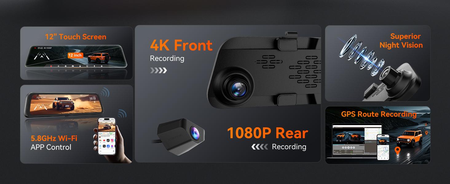 【FathersDayGift】WOLFBOX G840S 12" 4K Mirror Dash Cam with 5.8GHz WiFi & GPS Tracking, Dual Cameras, Night Vision, 32GB Card, 170&deg; Front & 140&deg; Rear Lenses, 24-Hour Parking Monitor, TikTokShopHolidayHaul - Automotive Video Recorder