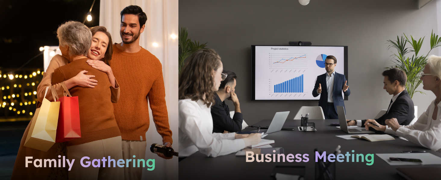 Split image showing two scenes: left side depicts people embracing with shopping bags, right side shows a business meeting with presentation screen and attendees at a table.