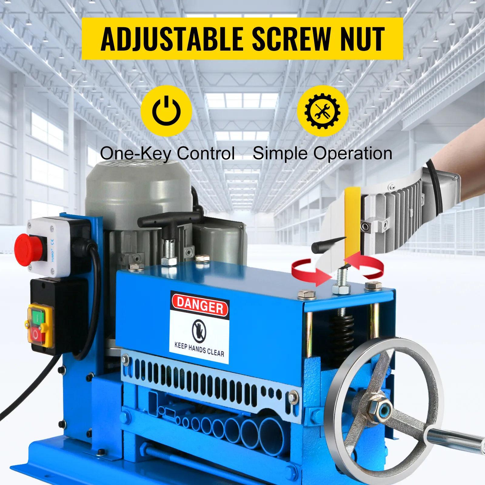 VEVOR wire stripping machine with adjustable screw nut and one-key control.