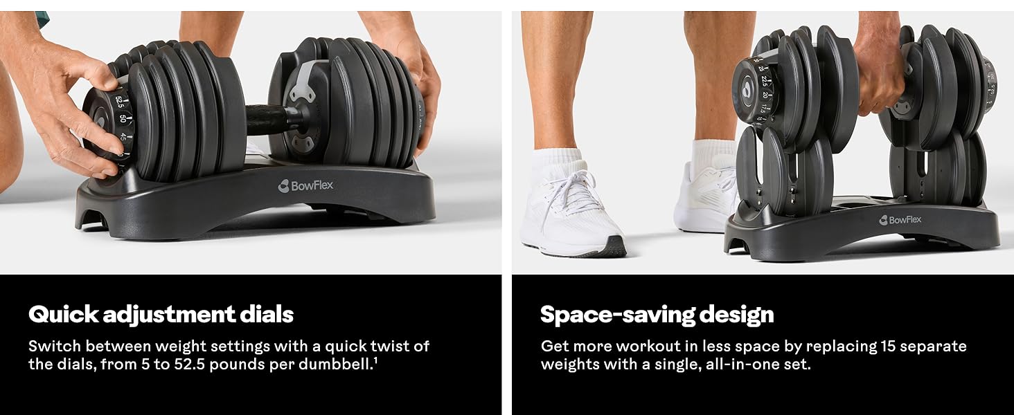 Quick adjustment dials, 5 to 52.5 pounds per dumbbells, space-saving design