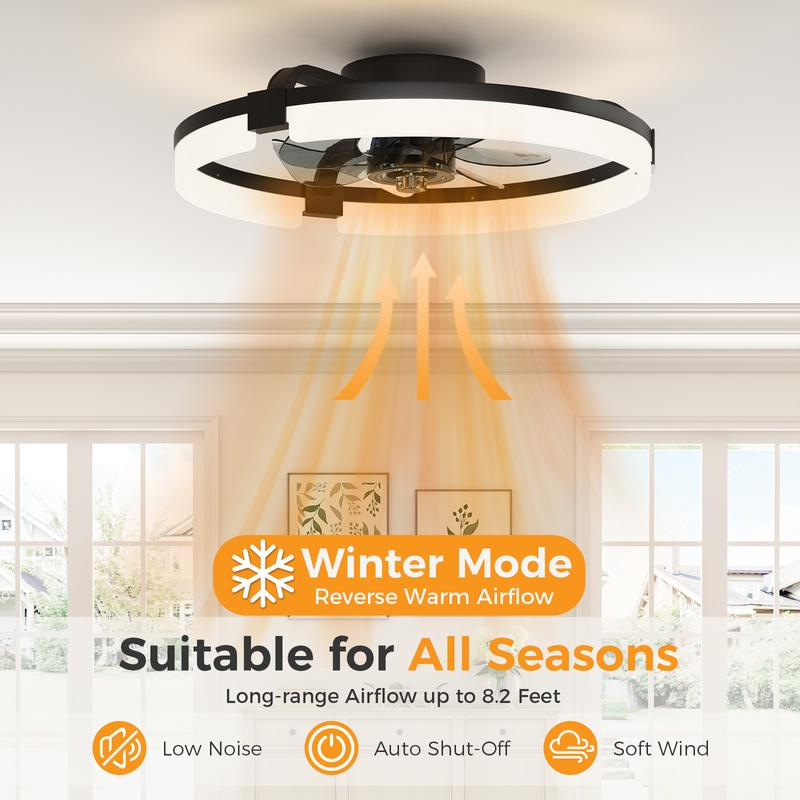 Modern Low Profile Ceiling Fan with Light | Smart Bladeless Flush Mount Fandelier with Remote & App Control