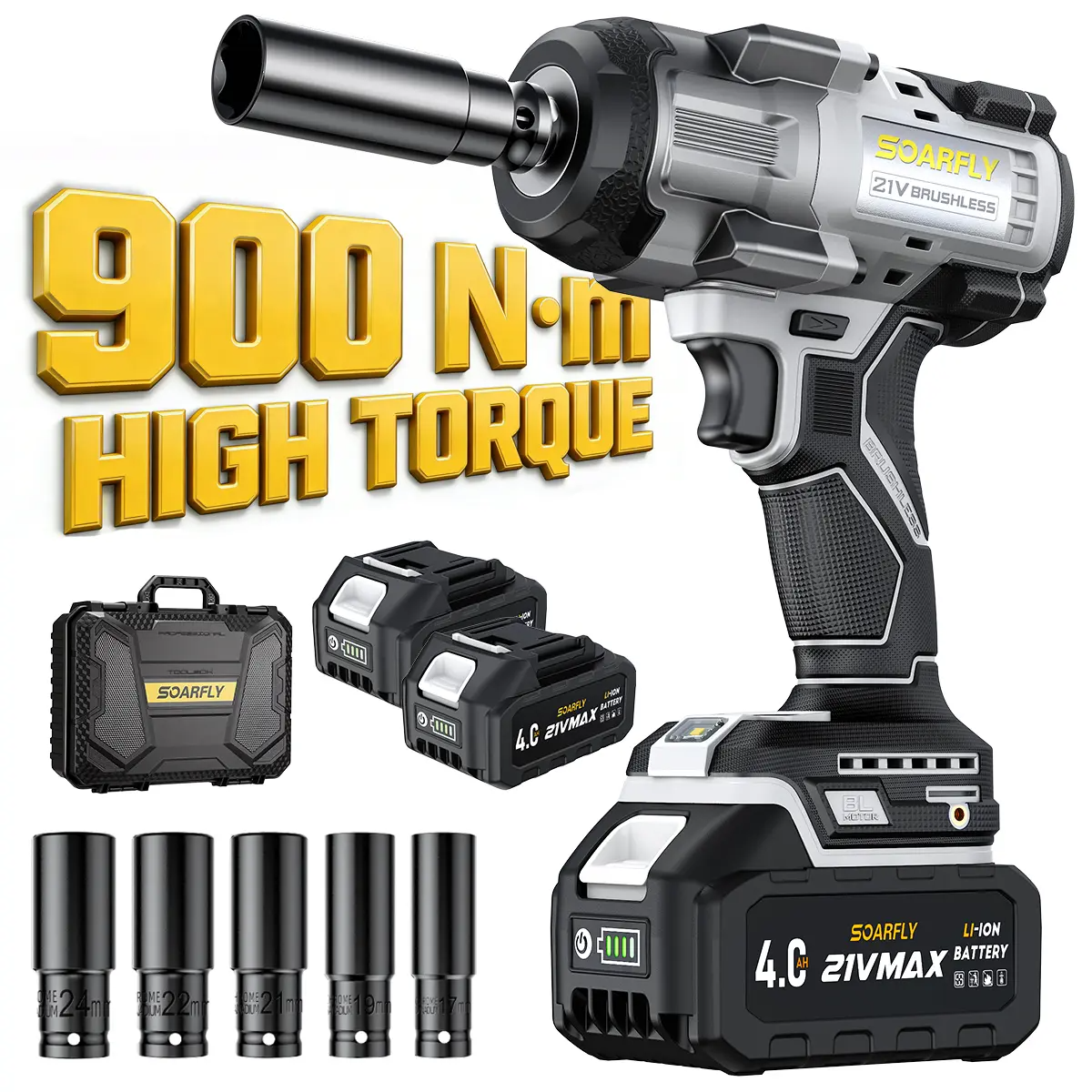 SOARFLY 21V Cordless Impact Wrench 1200Nm High Torque Brushless Impact Gun Kit with 2x 4.0Ah Li-ion Batteries, Fast Charger, 5 Sockets, 1/2" Extension Bar for Car, Truck, Heavy Duty Repair