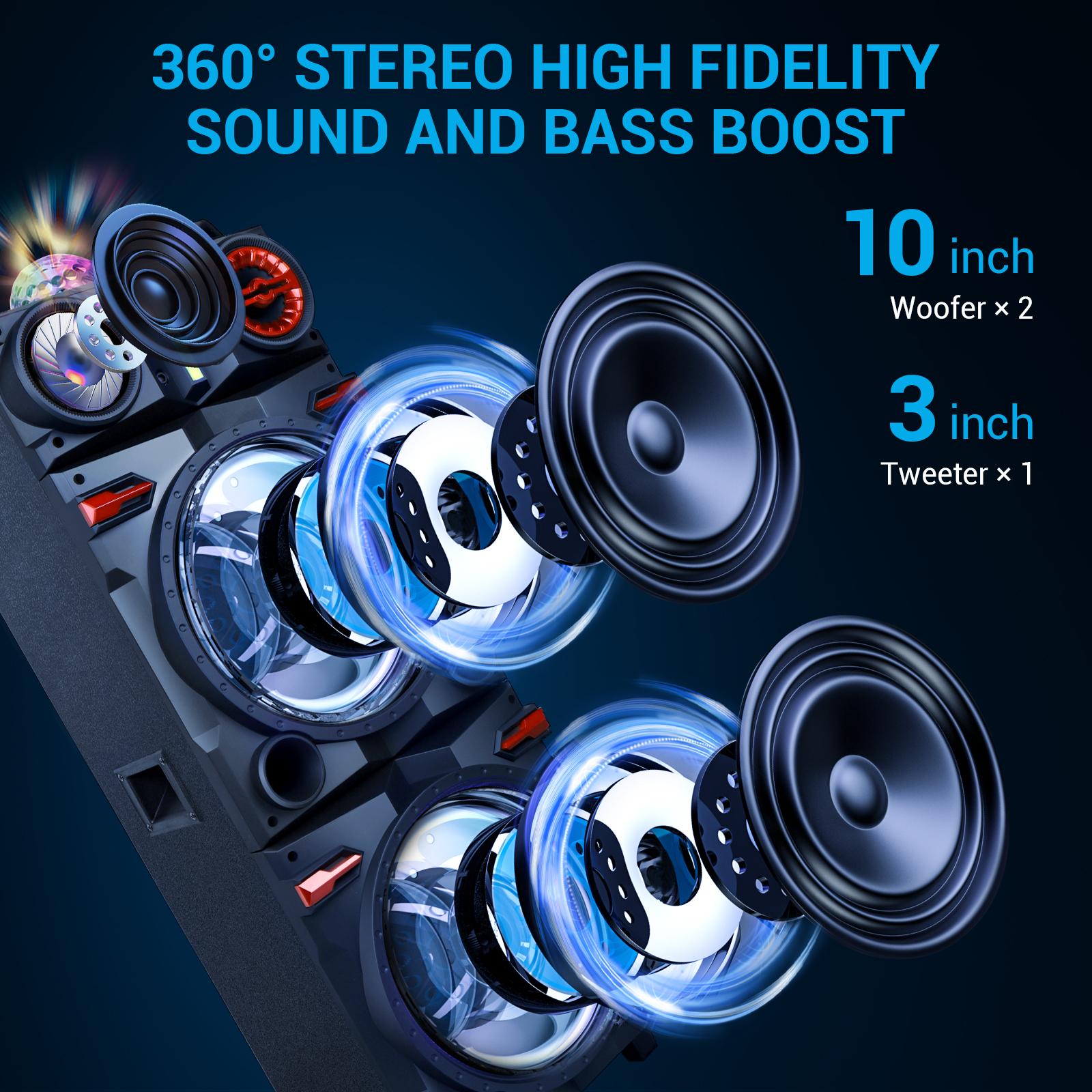 Portable Bluetooth PA Speaker Karaoke Machine 2 x 10" Subwoofer And 1 x 3" Tweeter Loud Party Speaker With Microphone FM LED Remote Control TWS