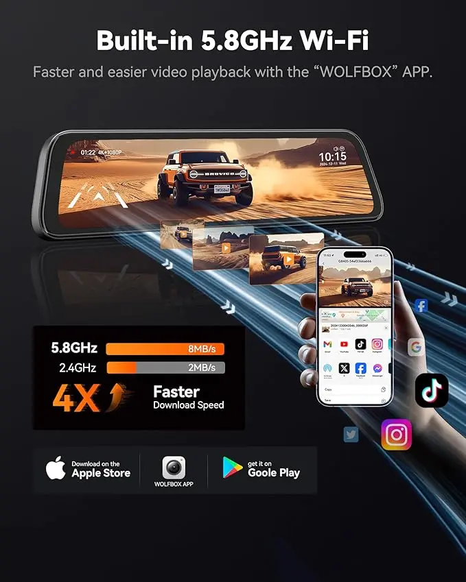 【Price Slash】WOLFBOX G840S 12" 4K Mirror Dash Cam with 5.8GHz WiFi & GPS Tracking, Dual Cameras, Night Vision, 32GB Card, 170° Front & 140° Rear Lenses, 24-Hour Parking Monitor, TikTokShopHolidayHaul - Automotive Video Recorder