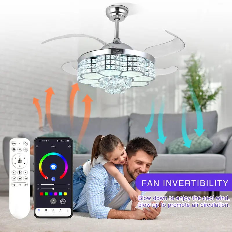 Retractable Crystal Ceiling Fan with Speaker,Remote/APP Control, 6 Speed Reversible RGB-LED Light, Atmosphere Lighting Ambient Decoration Lamp, Excellent Gifts Changing Nightlight tiktokshopspringglowup