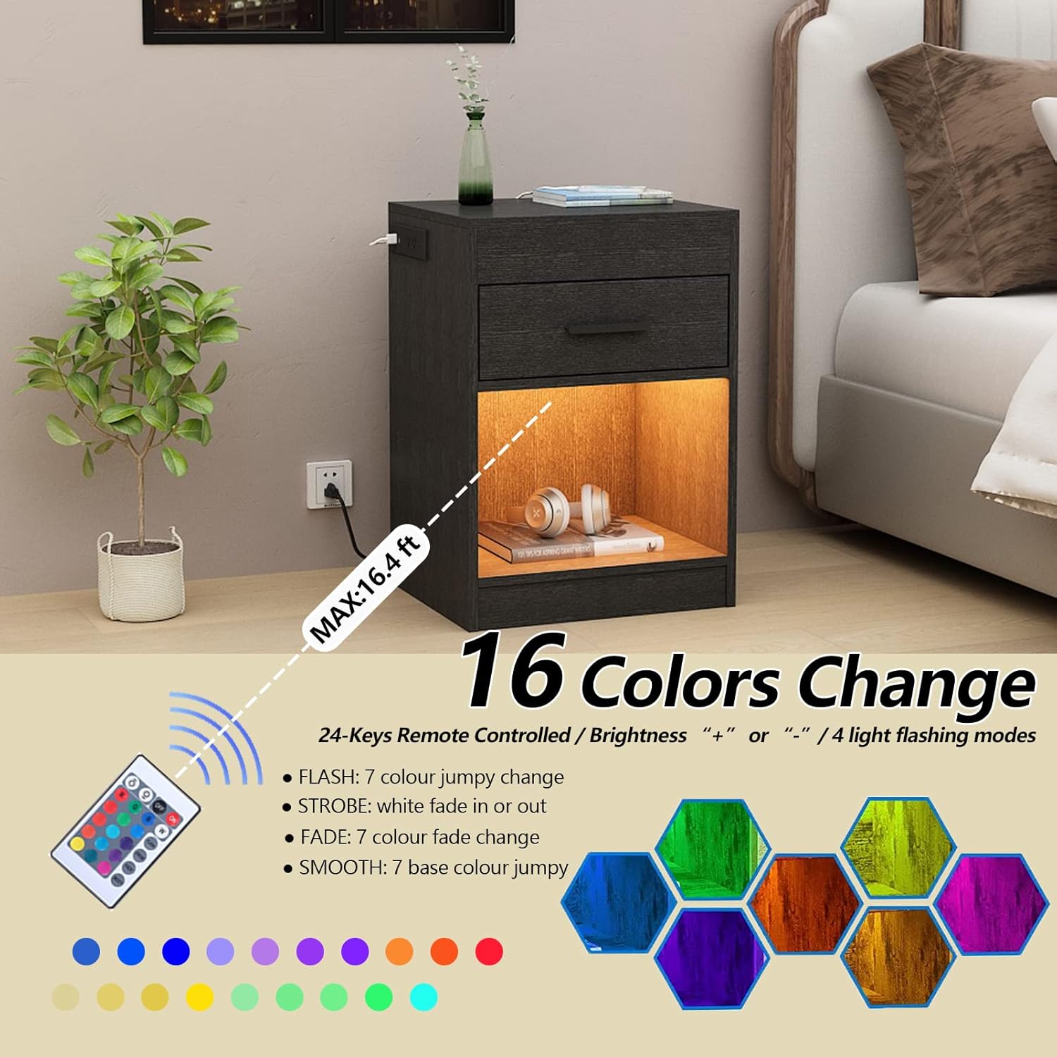 【Price Slash】Auromie Nightstand , Concealment Furniture with RFID Lock Cabinet and Power Outlets, Bedside Table with Hidden Compartment for Valuables Storage