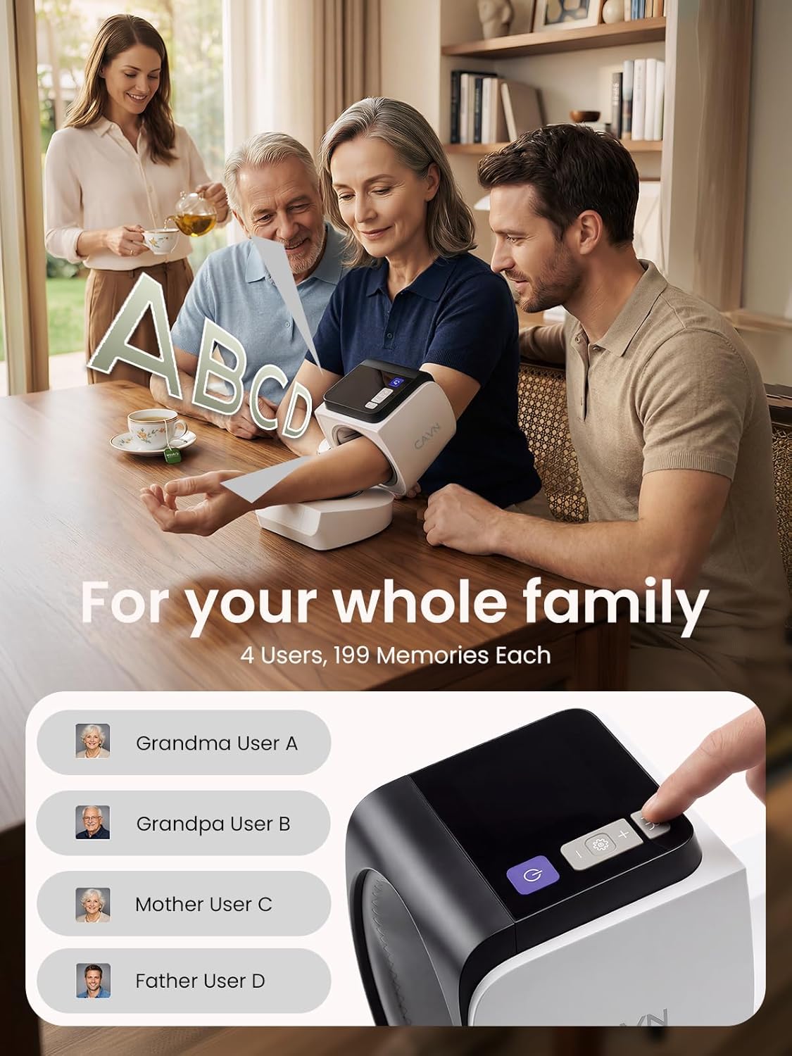 CAVN home blood pressure monitor featuring an arm-band design (no need to wrap a cuff)