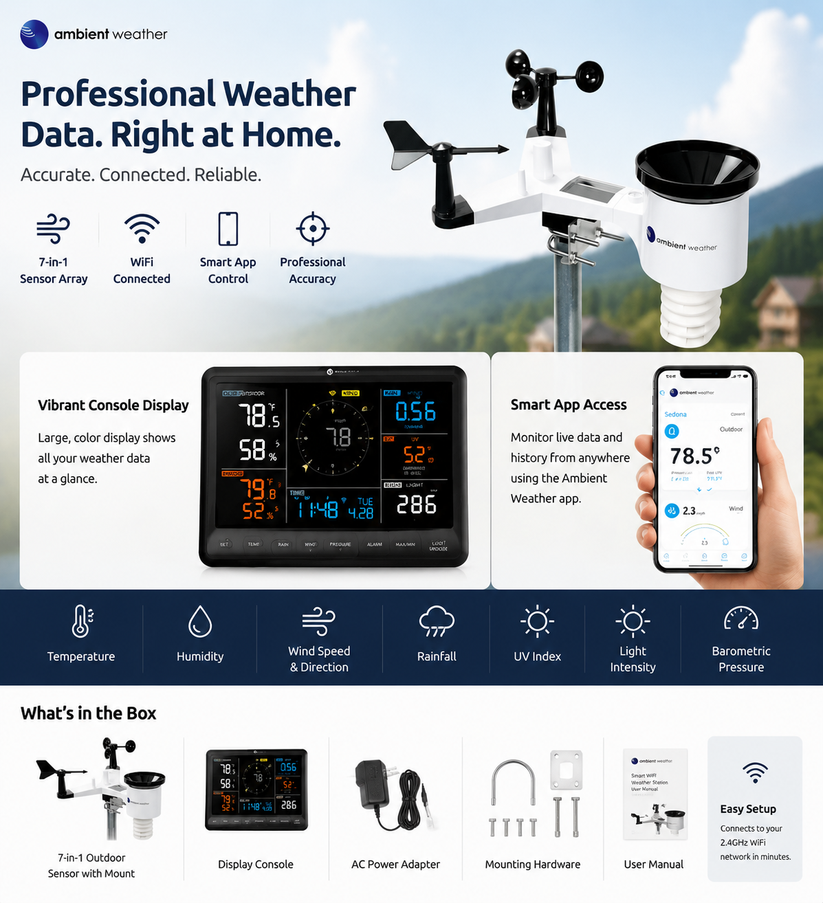 📡【Top Rated Weather Station】Ambient Weather WS-2902 Smart WiFi Weather Station – Wireless Solar Powered Outdoor Sensor with Rainfall, Wind Speed & App Alert