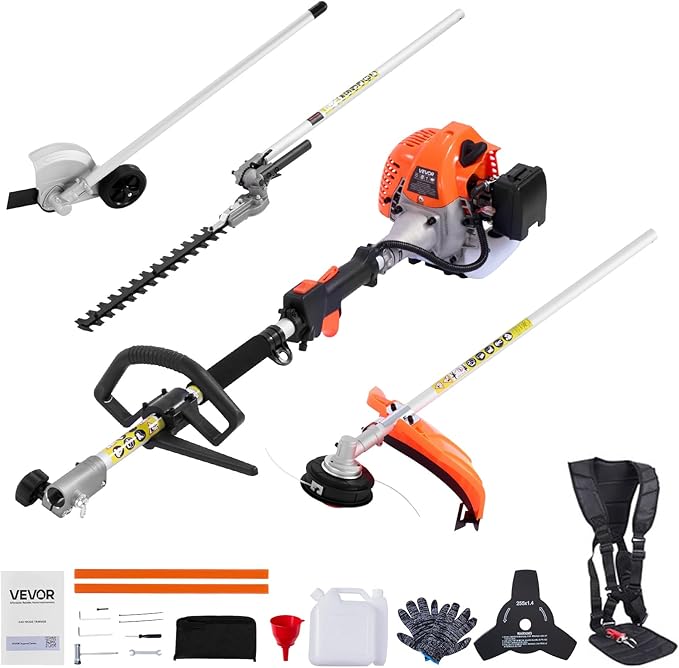 VEVOR 6-in-1 Multi-Functional Trimming Tools with Gas Hedge Trimmer, Summervibes,Summervibes, Weed Eater, String Trimmer, Brush Cutter, Edger & Pole Saw Chainsaw Pruner Whacker Shoulder