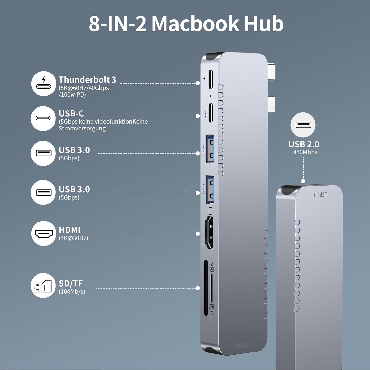 USB C Hub Adapter for MacBook Pro Air Docking Station 8-in-2 for Mac Book Accessories Dongle 4K@30Hz HDMI