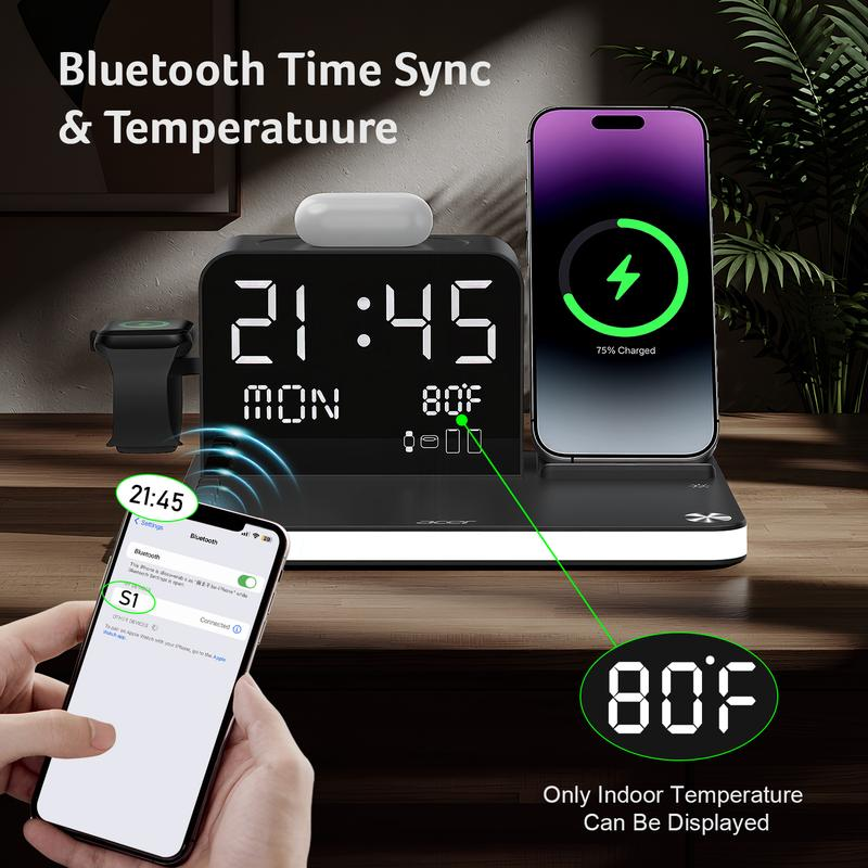 Acer 7-in-1 Wireless Charging Station with Alarm Clock & Bluetooth Time Sync, 15W Fast MagSafe Magnetic Charging Stand for iPhone, Apple Watch, AirPods, Bedside Night Light Dock for Android, Gift
