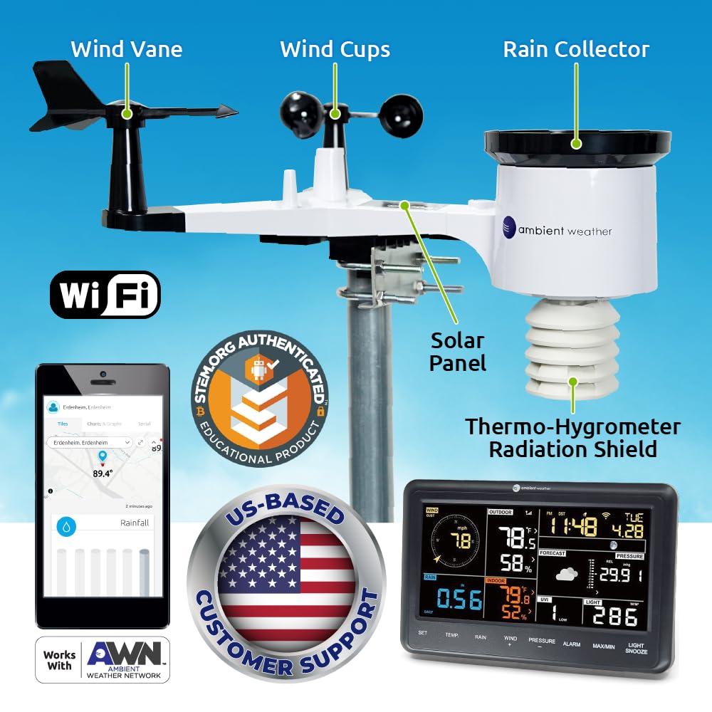 📡【Top Rated Weather Station】Ambient Weather WS-2902 Smart WiFi Weather Station – Wireless Solar Powered Outdoor Sensor with Rainfall, Wind Speed & App Alert