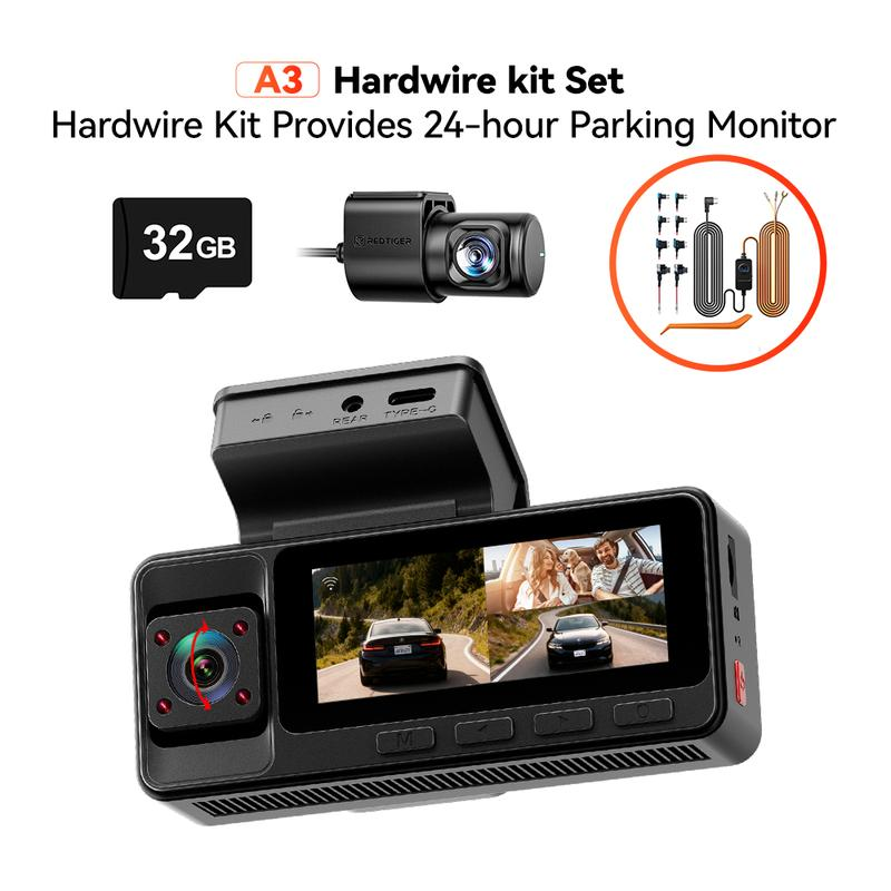 REDTIGER A3 3 Channel Dash Cam Front Rear and Inside, 2.5K+1080P Triple Car Camera with WiFi, 32GB Card, IR Night Vision & 24H Parking Mode