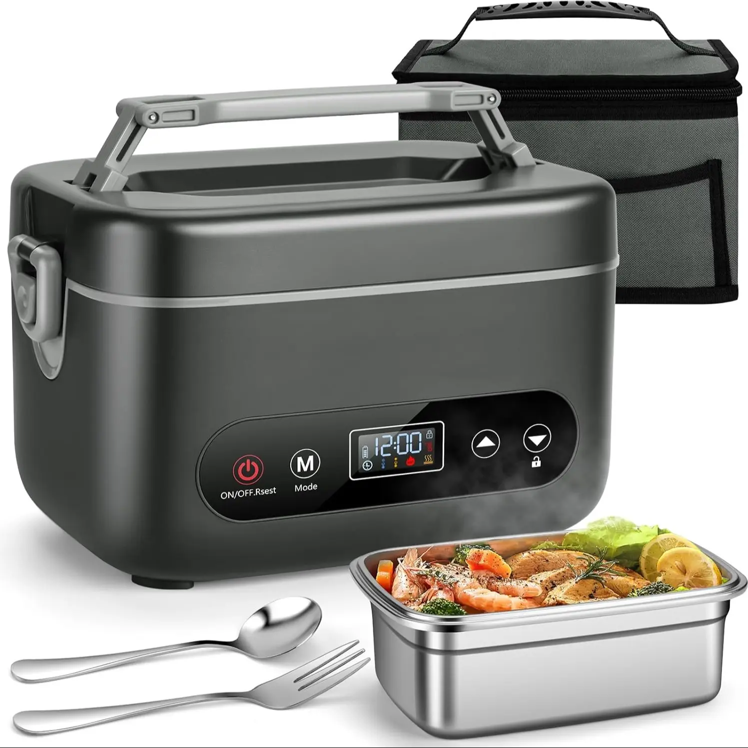 Cordless Electric Lunch Box with 20000mAh Battery, Fast Self-Heating Portable Food Warmer, Stainless Steel Bento Box with Insulated Bag for Work, Office, Car, Travel & Camping