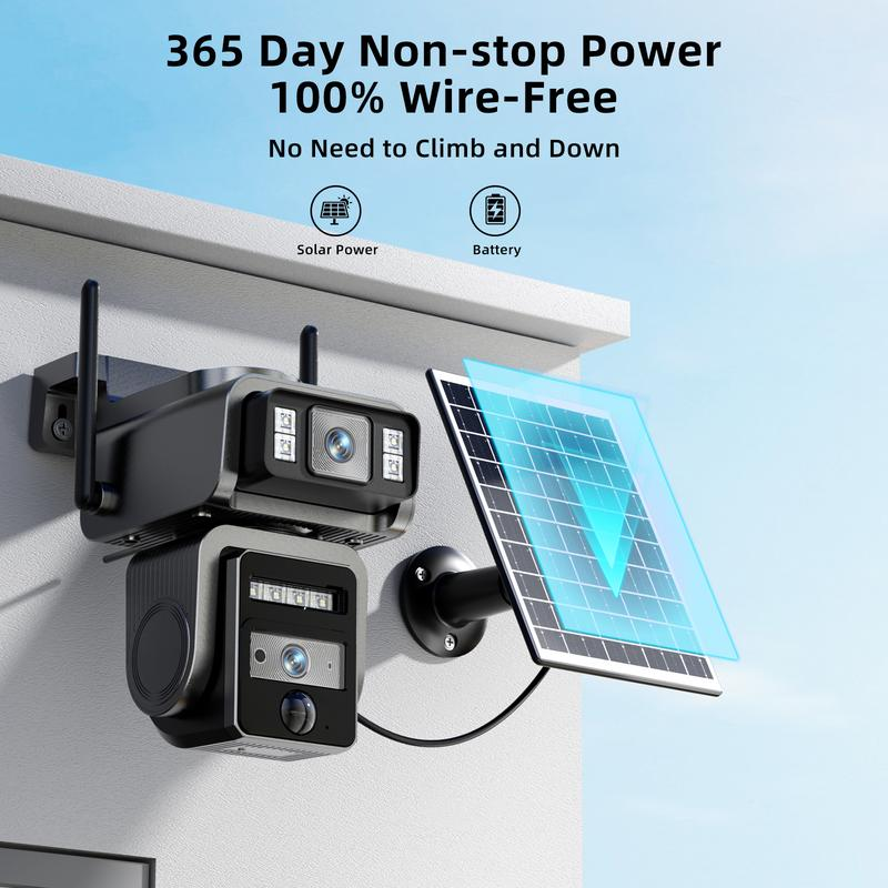 Dual-Lens Solar Security Camera Outdoor, 1080P Wireless WiFi CCTV with Auto Tracking, Color Night Vision, PIR Motion Detection & 2-Way Audio