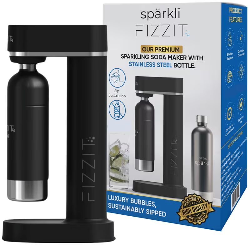 ✨ Black Stainless Steel Sparkling Water & Soda Maker 🍾 + 3 Reusable 1L Bottles | 🎁 Gift & Special Offer
