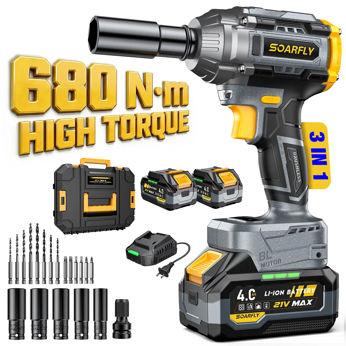 SOARFLY 21V Cordless Impact Wrench 1200Nm High Torque Brushless Impact Gun Kit with 2x 4.0Ah Li-ion Batteries, Fast Charger, 5 Sockets, 1/2" Extension Bar for Car, Truck, Heavy Duty Repair