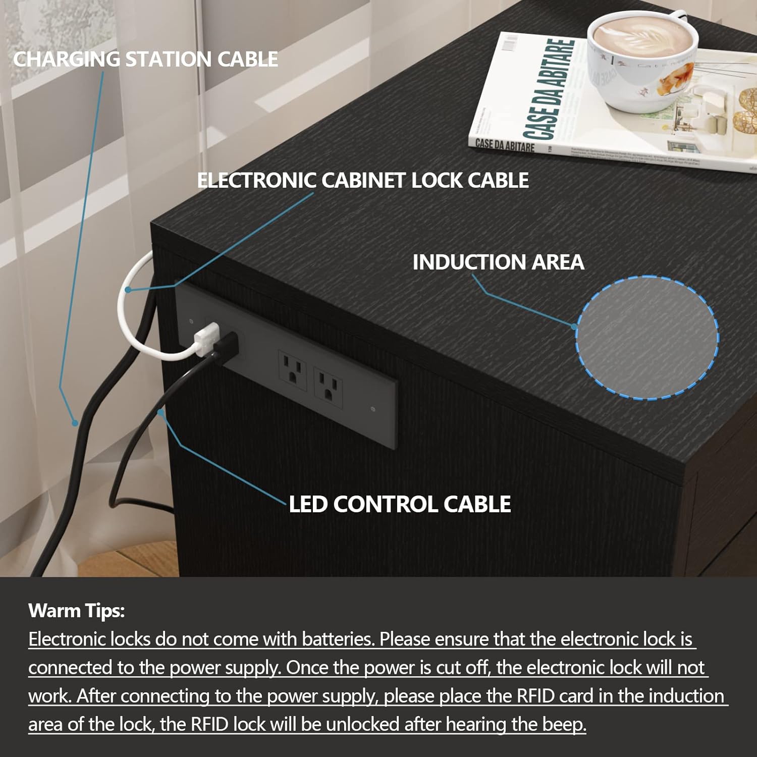 【Price Slash】Auromie Nightstand , Concealment Furniture with RFID Lock Cabinet and Power Outlets, Bedside Table with Hidden Compartment for Valuables Storage