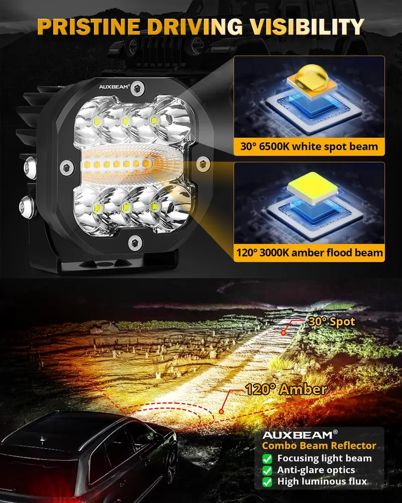 AUXBEAM LED Pods Light Offroad Driving Work Lights, X-PRO 3" 96W 6 Modes Dual Color Spot Flood Combo or V-ULTRA 5" 172W Side Shooter with Amber DRL, IP68 Waterproof for Trucks Jeep, 2PCS