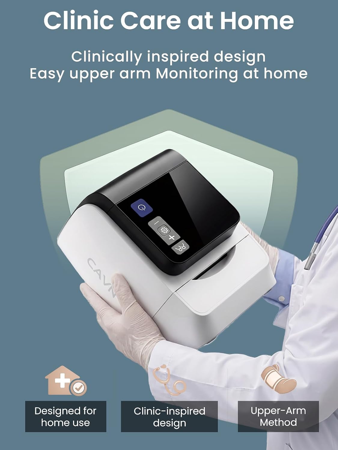 CAVN home blood pressure monitor featuring an arm-band design (no need to wrap a cuff)