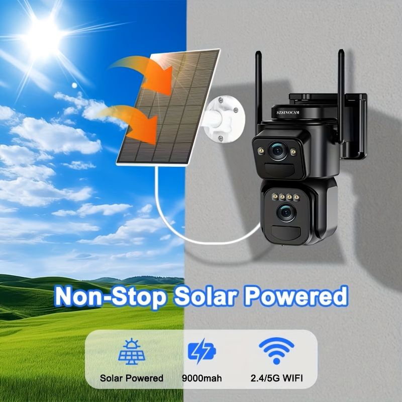 💥 Hot Deal! ⚡ Solar Security Camera 🔐🌞 IP66 Waterproof, Dual Lens, 360° Rotation, Night Vision & Two-Way Audio