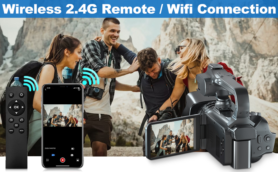 Wireless 2.4G remote control with WiFi connection for camcorder operation and remote shooting.