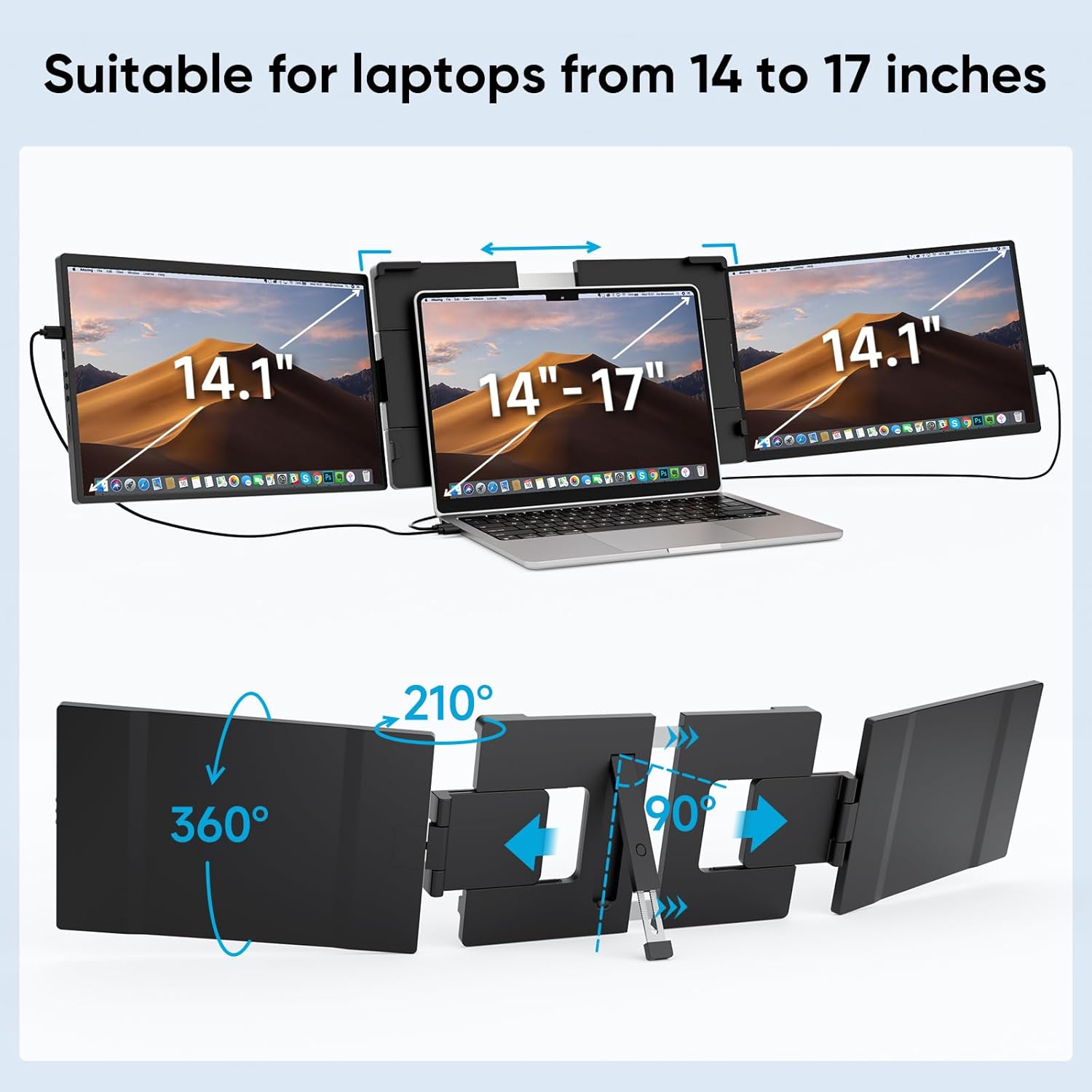 14" Triple Portable Laptop Monitor Extender, FHD 1200P IPS Dual Screen