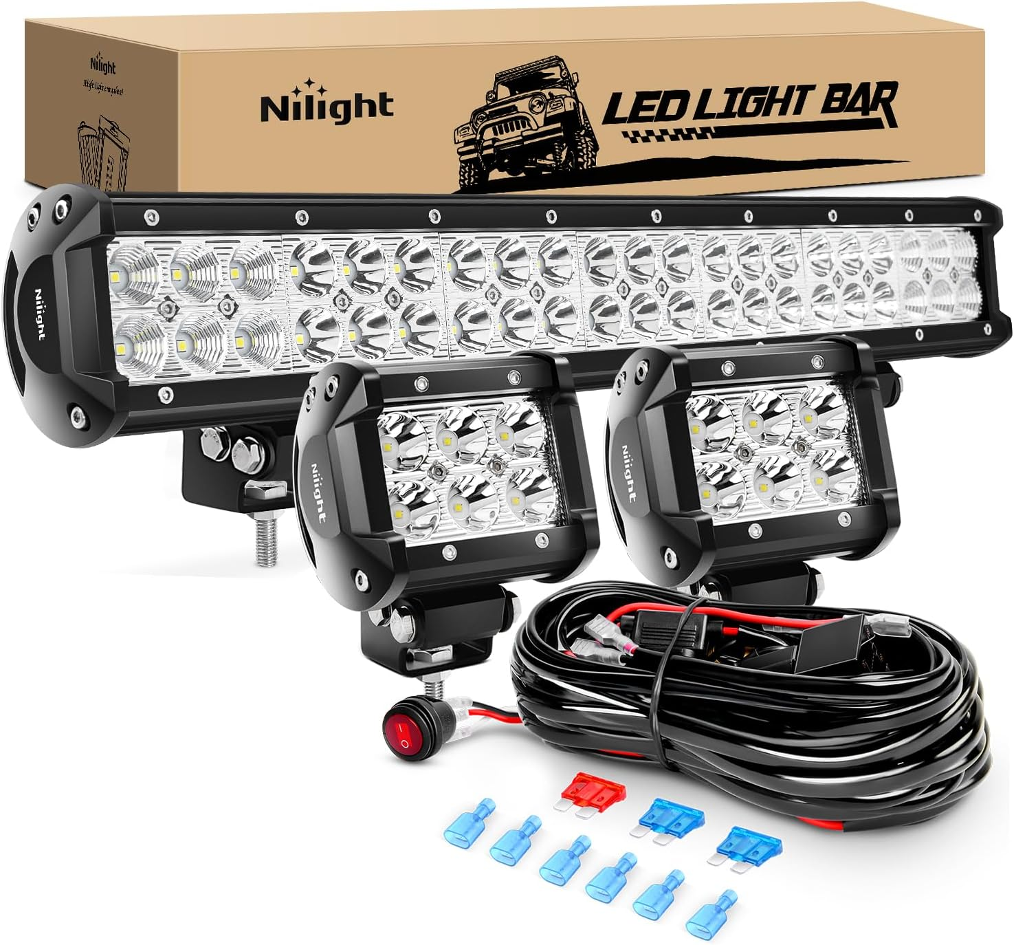🚀MEGA SALE💡Nilight 20Inch 126W Spot Flood Combo LED Light Bar & 18w Pods Multi-Style Kit for Offroad SUV, ATV & Boat 🚙
