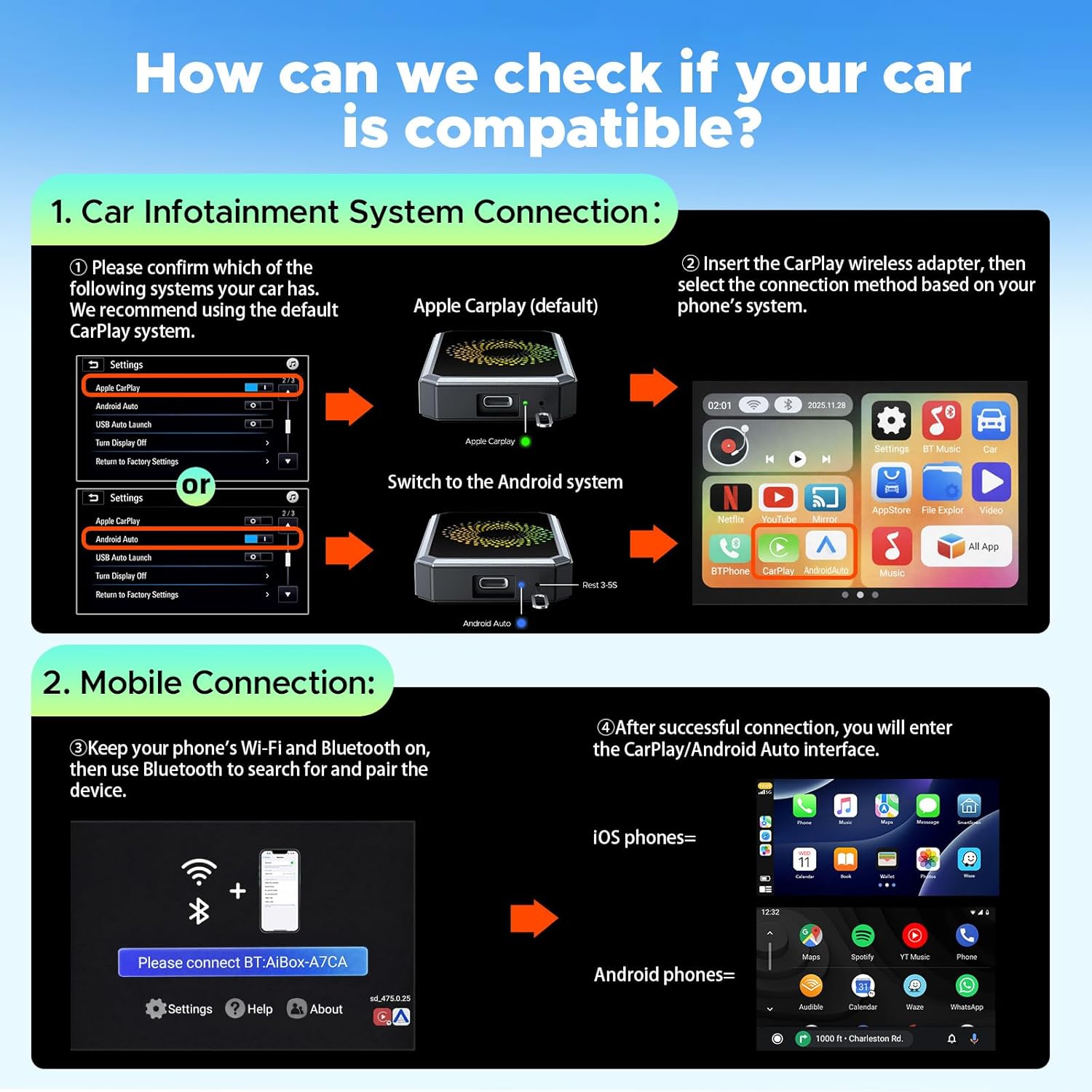 📺🔥3-in-1 Wireless CarPlay Android Auto Adapter – Smart Streaming, Wireless Freedom, Ultimate In-Car Entertainment 🚗✨