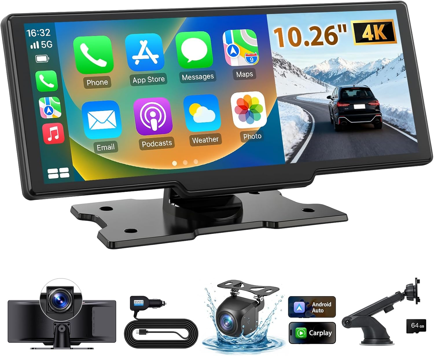 PASLDA 10.26" Smart Wireless CarPlay Screen with 4K Dash Cam | 3-in-1 Portable Car Stereo with IPS Touchscreen & Backup Camera