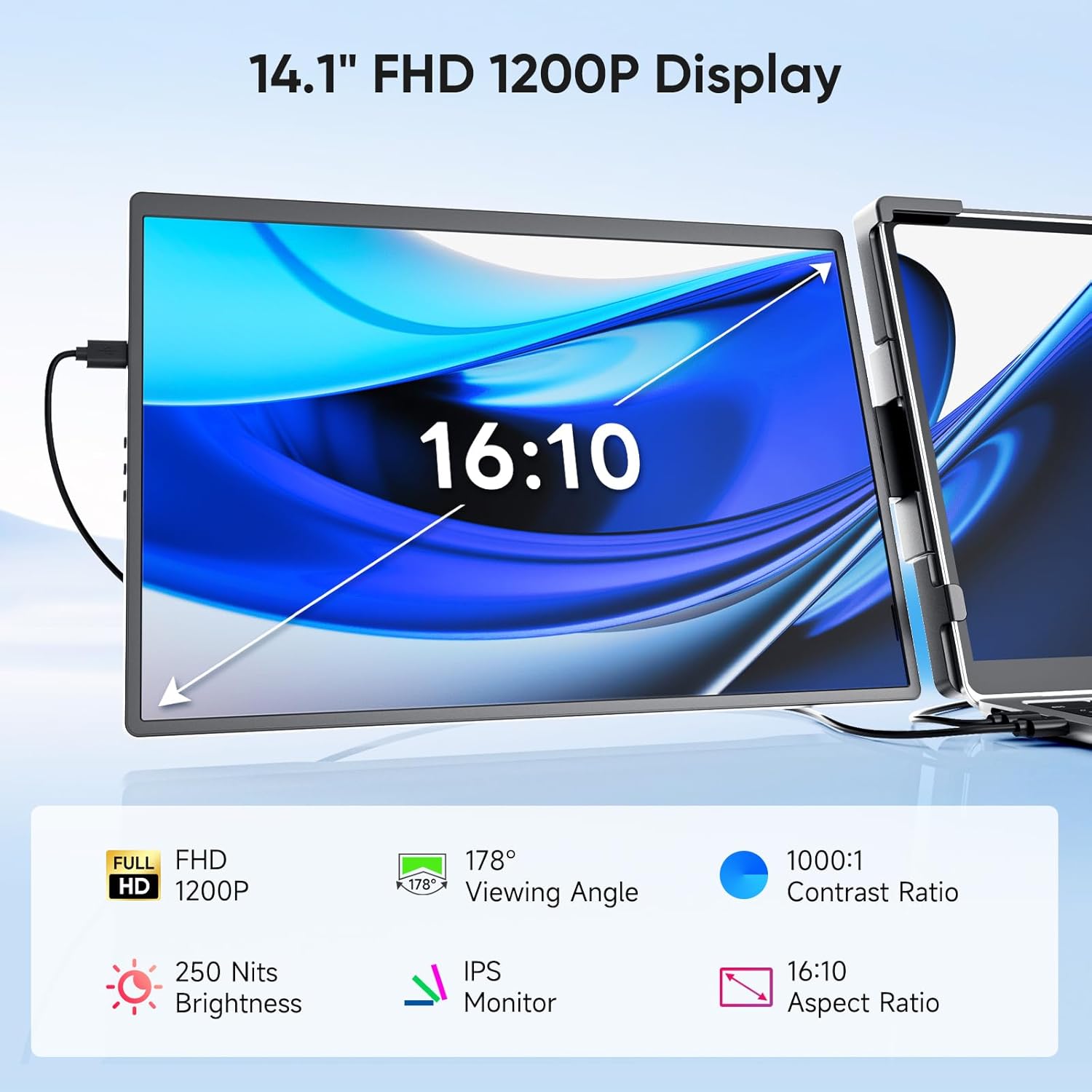 14" Triple Portable Laptop Monitor Extender, FHD 1200P IPS Dual Screen