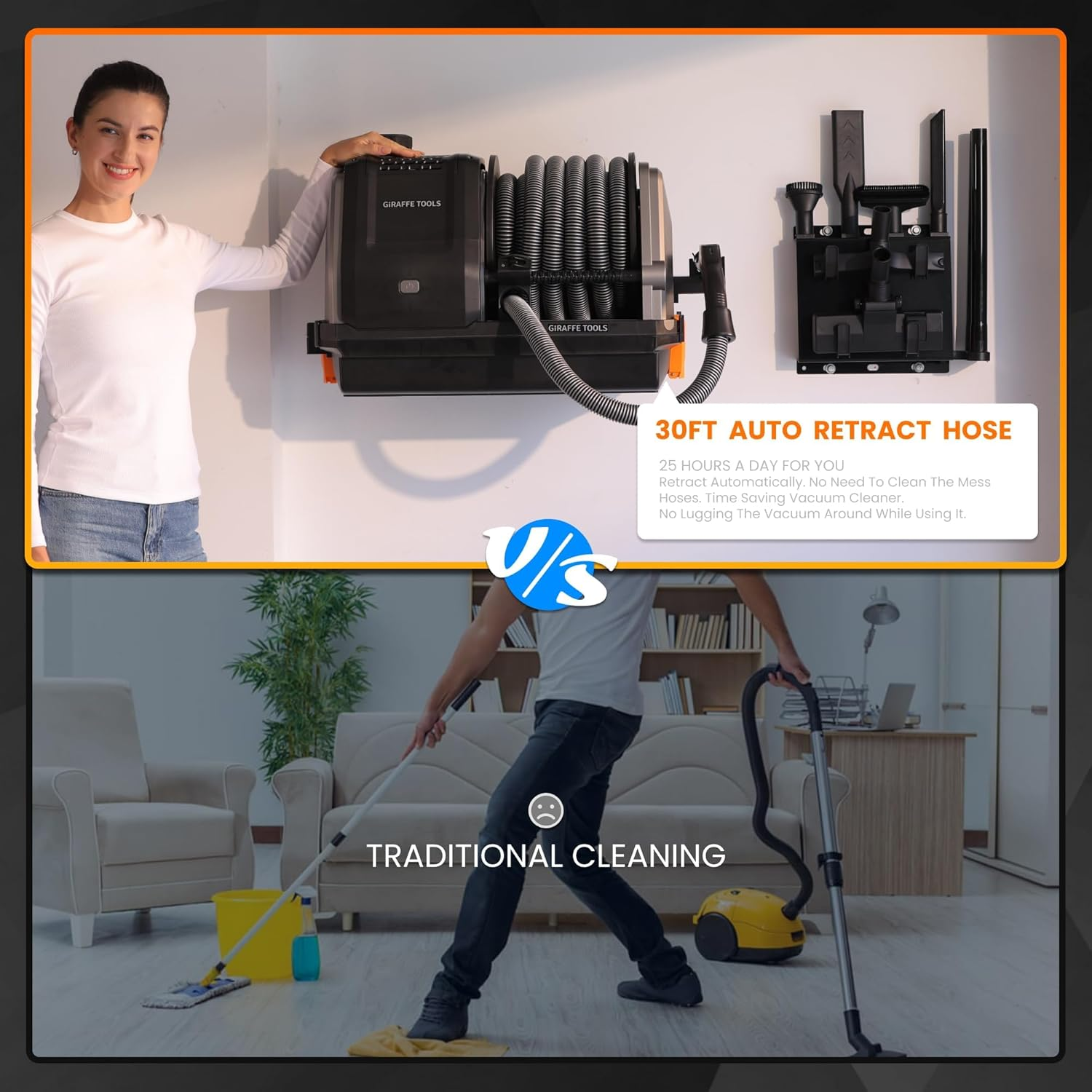 ⚡ FLASH SALE ⚡ Giraffe Tools Grandstorm Wall Mount Wet Dry Vacuum with 30FT Retractable Hose, Heavy Duty Garage Vacuum Cleaner