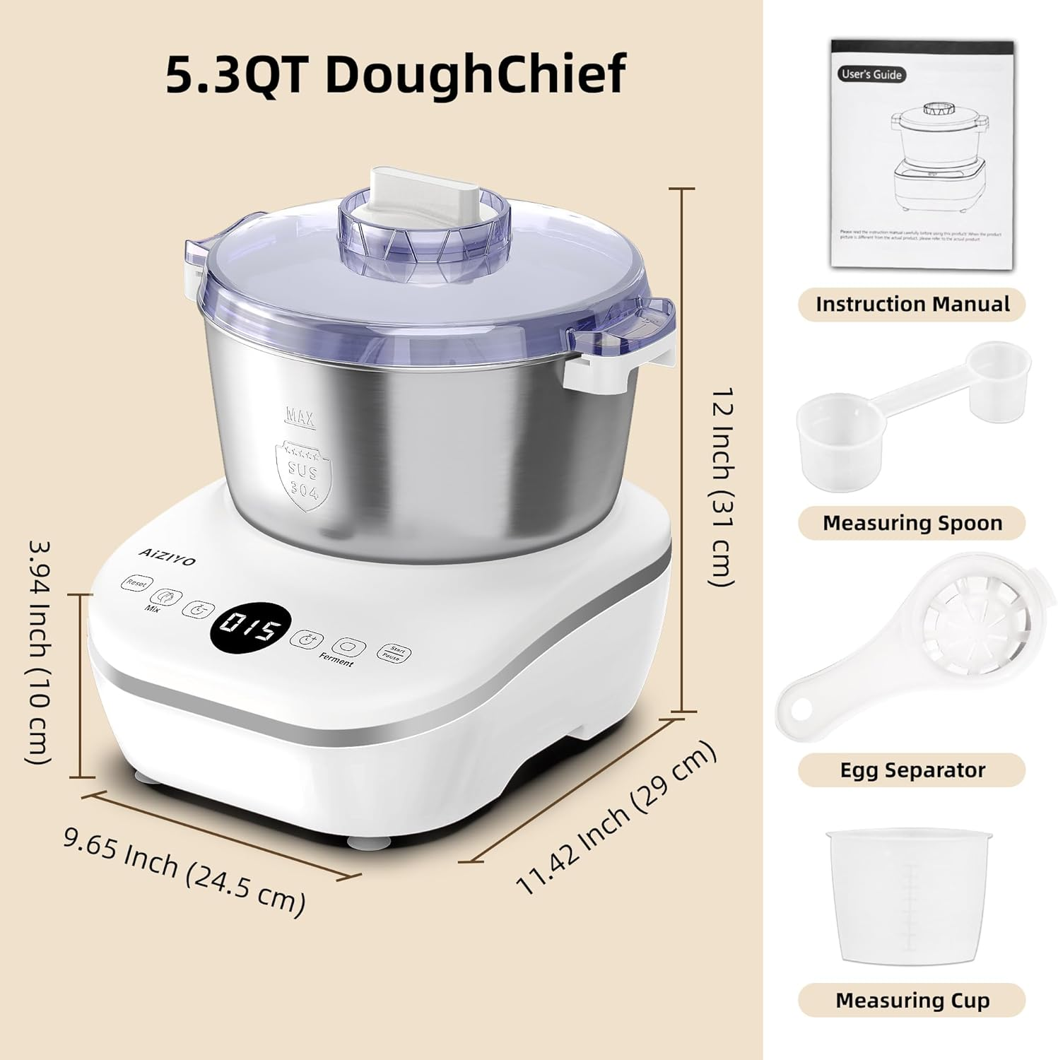 AIZIYO DoughChief 7Qt Electric Dough Mixer with Ferment Function, Dough Maker with 304 Stainless Steel Bowl, Microcomputer Control, Face-up Touch Panel, Easy To Clean for Bread & Pizza