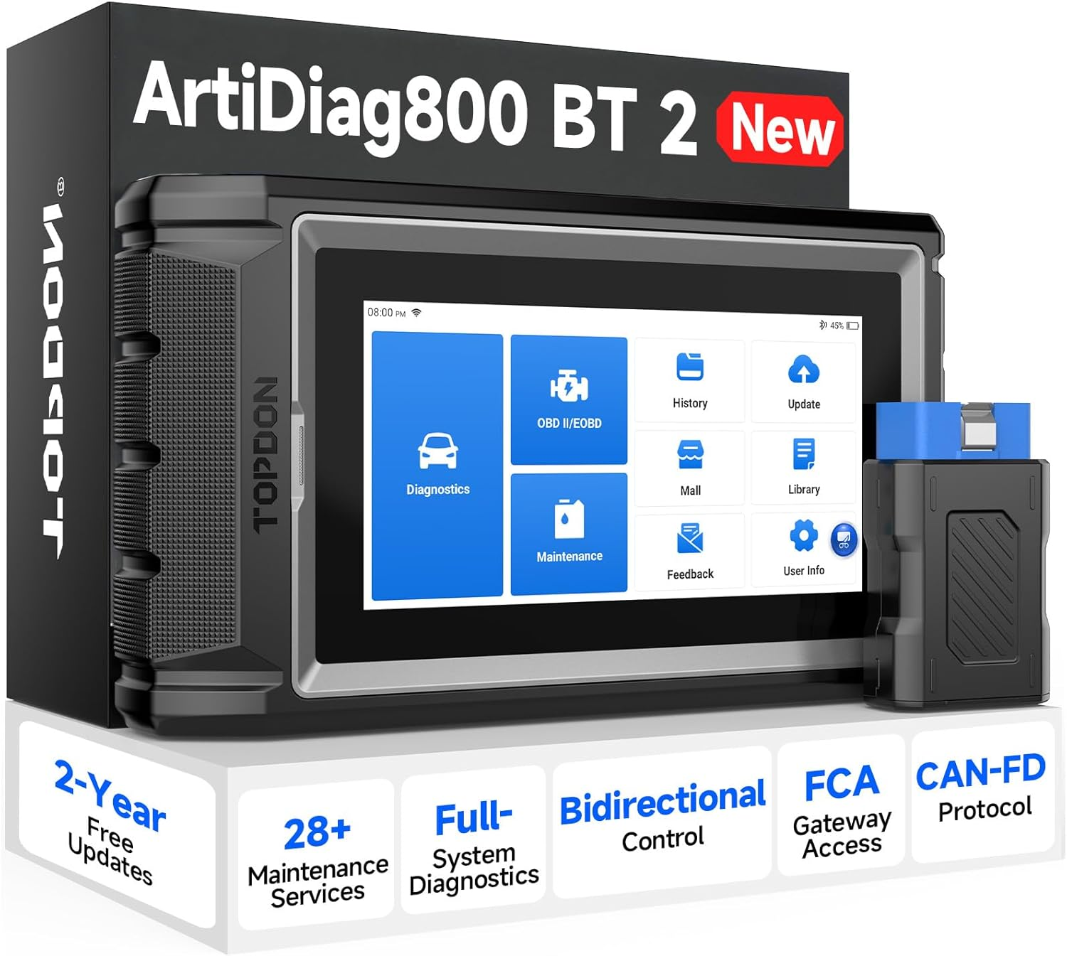 TOPDON AD600S OBD2 Scanner – Full System Car Diagnostic Tool with ABS/SRS/AT/Engine, 9 Reset Services, Battery Test, FCA AutoAuth, CAN-FD, Lifetime Free Updates