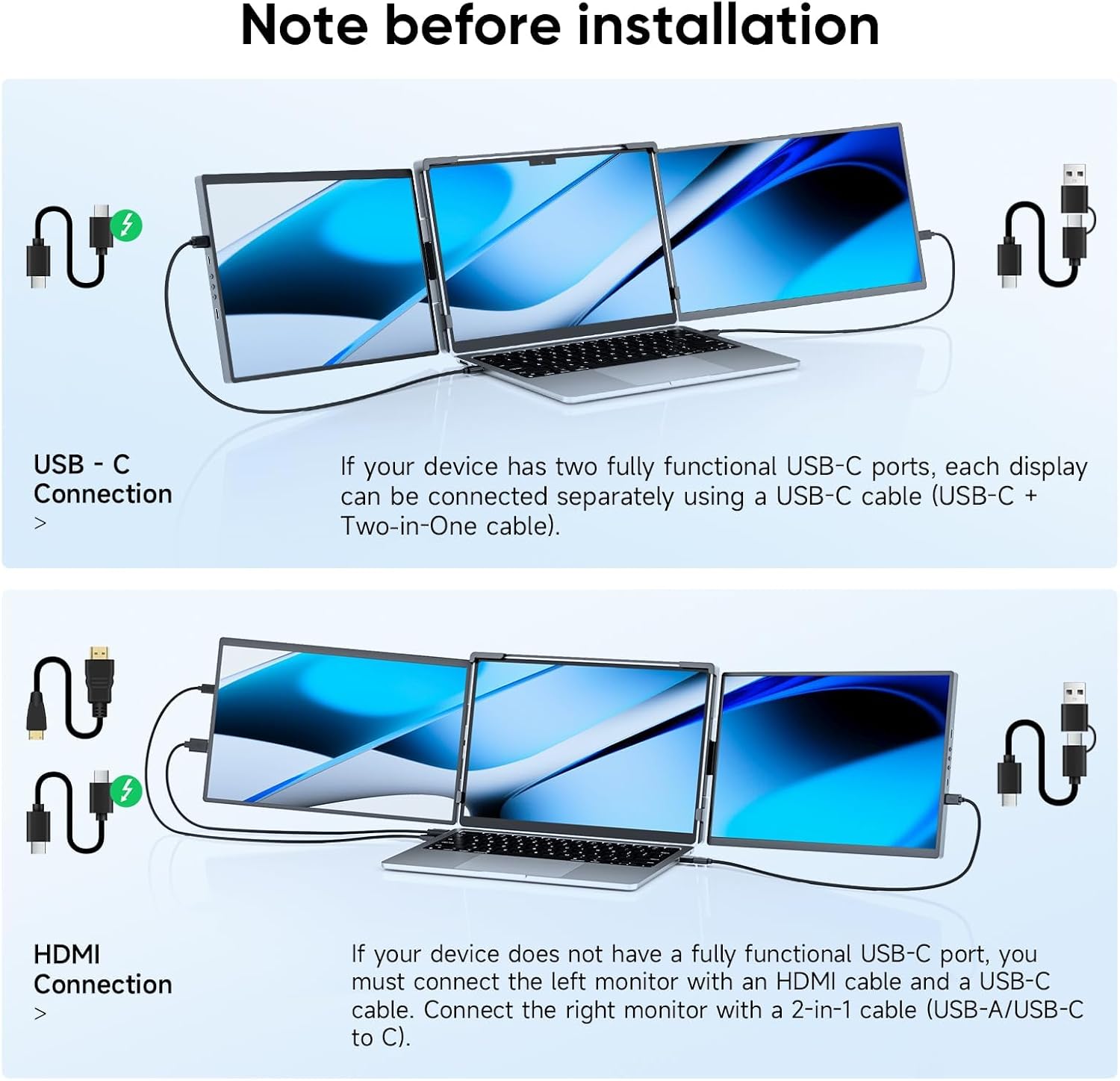 14" Triple Portable Laptop Monitor Extender, FHD 1200P IPS Dual Screen