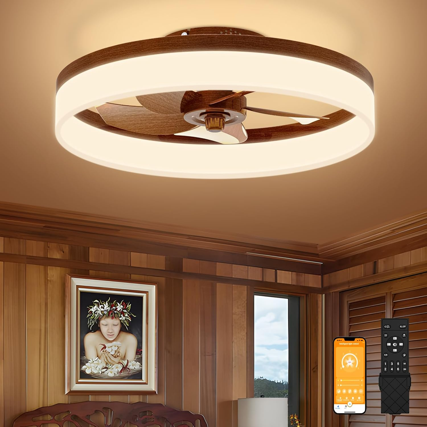 Modern Low Profile Ceiling Fan with Light | Smart Bladeless Flush Mount Fandelier with Remote & App Control