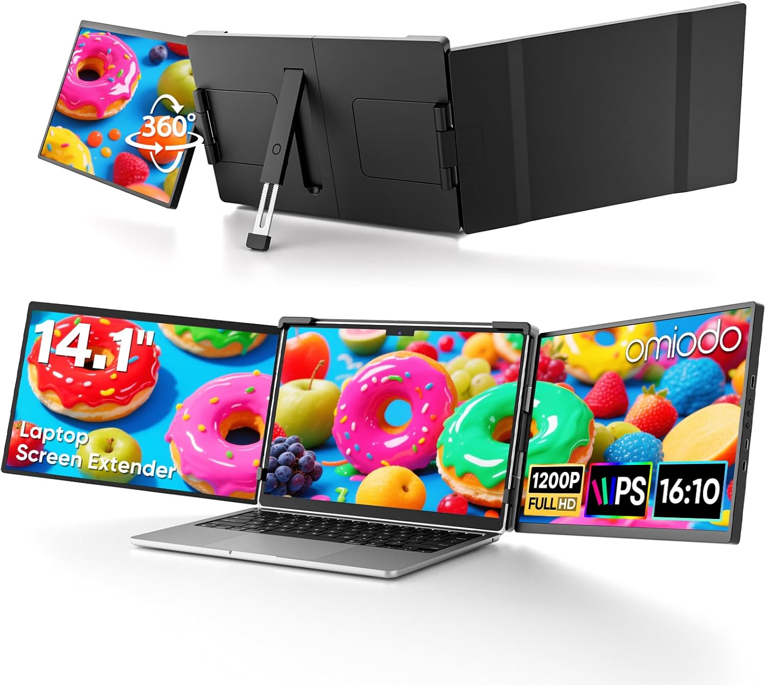 14" Triple Portable Laptop Monitor Extender, FHD 1200P IPS Dual Screen