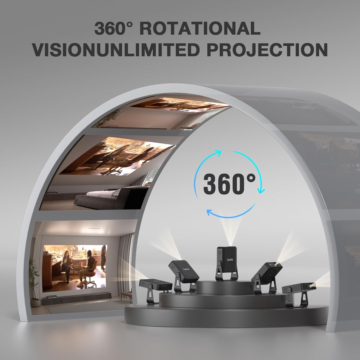 ⚽World Cup Deal！XuanPad Smart Mini Projector, 4K Supported Outdoor Movie Projector with 360° Stand for Live Football Watch Party