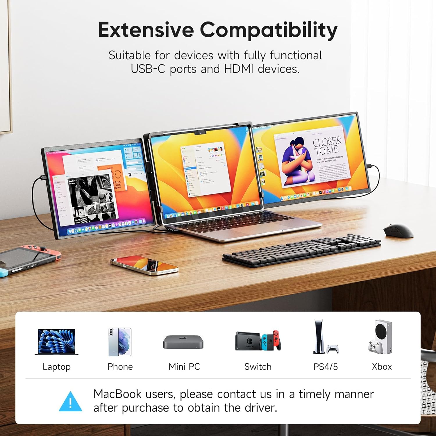 14" Triple Portable Laptop Monitor Extender, FHD 1200P IPS Dual Screen