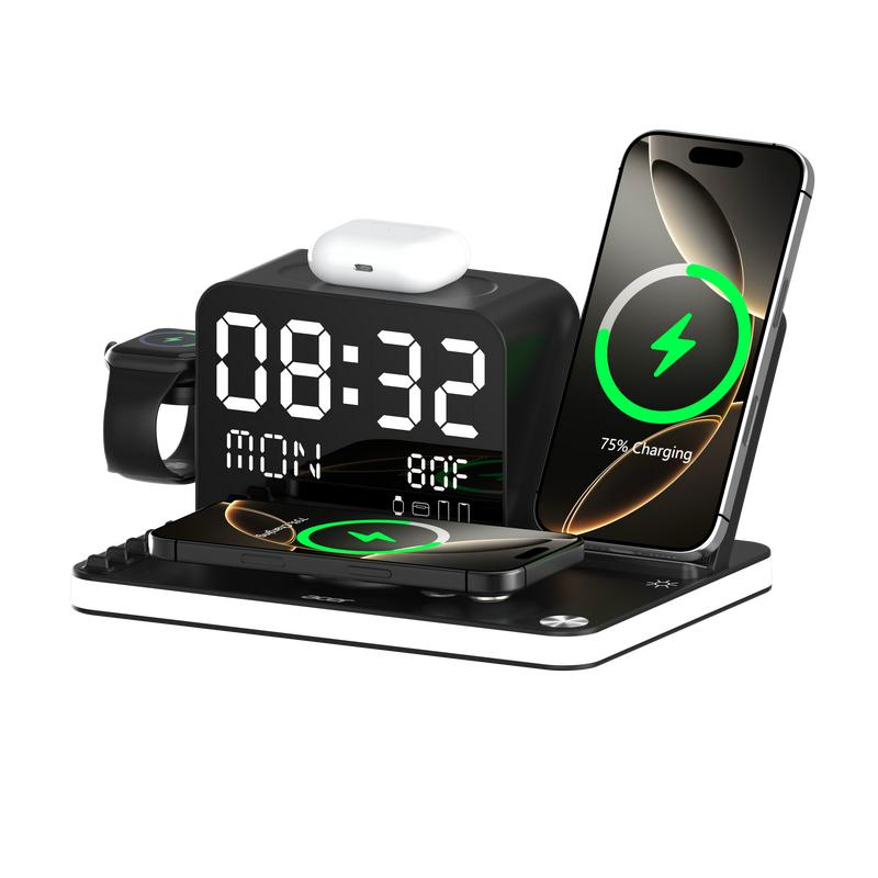 Acer 7-in-1 Wireless Charging Station with Alarm Clock & Bluetooth Time Sync, 15W Fast MagSafe Magnetic Charging Stand for iPhone, Apple Watch, AirPods, Bedside Night Light Dock for Android, Gift