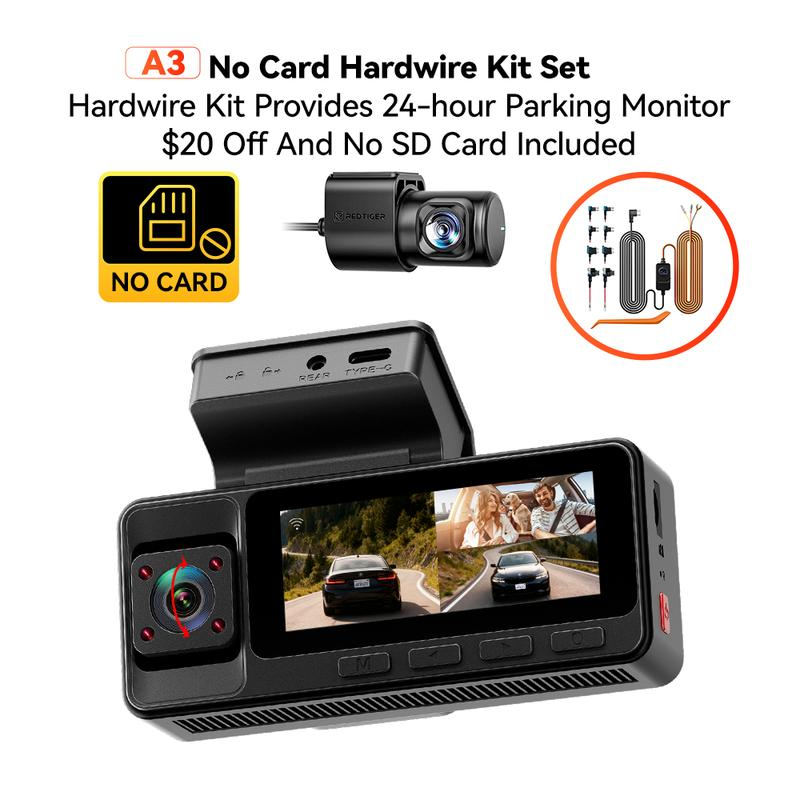 REDTIGER A3 3 Channel Dash Cam Front Rear and Inside, 2.5K+1080P Triple Car Camera with WiFi, 32GB Card, IR Night Vision & 24H Parking Mode